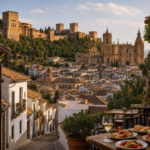 vista de una ciudad histórica con una fortaleza en la colina y una catedral,